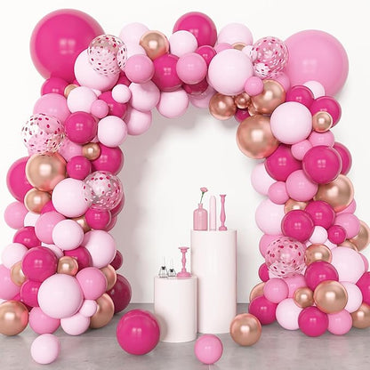 Amandir 153pcs Pink Balloon Garland Arch Kit, Different Sizes 18 12 10 5 inch Hot Pink Latex Metallic Confetti Rose Gold Balloons for Birthday Baby Shower Wedding Party Decorations