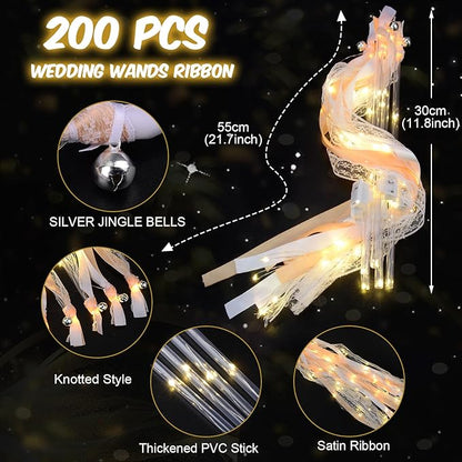 200 PCS Wedding Wands with Lights,Fairy Wands, LED Silk Fairy Wand with Bells for Wedding Send Off, New Year, Raves, Concert, Birthday