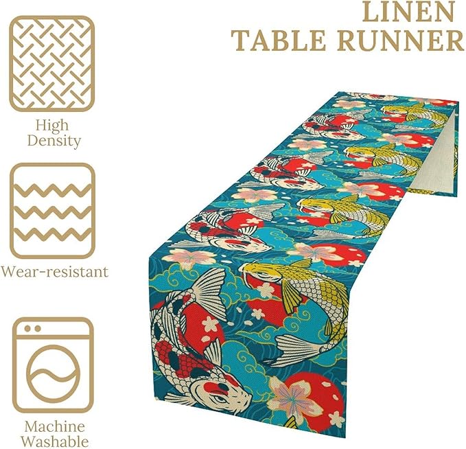 Japanese Kio Fish Table Runner Oriental Tradition Cherry Art Printed Burlap Runner Home Kitchen Dining Table Living Room Decor Fabric 1 Panel W13xL90in