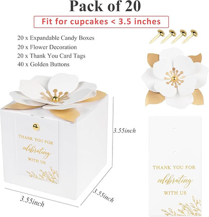 FEIYI 20 PCS White Gift Boxes, 3 In 1 Favor Boxes with Floral Decor, White Thank You Tags Cupcake Containers Gift wrapping for Wedding, Baby Shower, Birthday, Decorations Party - 3.55x3.55x3.55