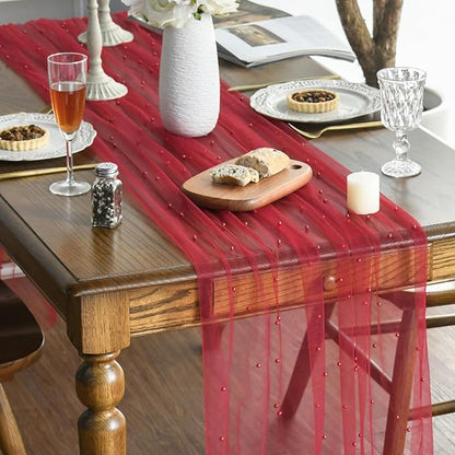 Artoid Mode Pearl Red Gauze Table Runner 59x120 Inch , Seasonal Sheer Kitchen Dining Holiday Wedding Birthday Baby Shower Table Decor for Home Party