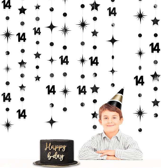 Black 14th Birthday Decorations Number 14 Circle Dot Star Garland Metallic Hanging Streamer Banner Backdrop for Girls Boys Happy 14 Years Old Fabulous Birthday Fourteen Anniversary Party Supplies