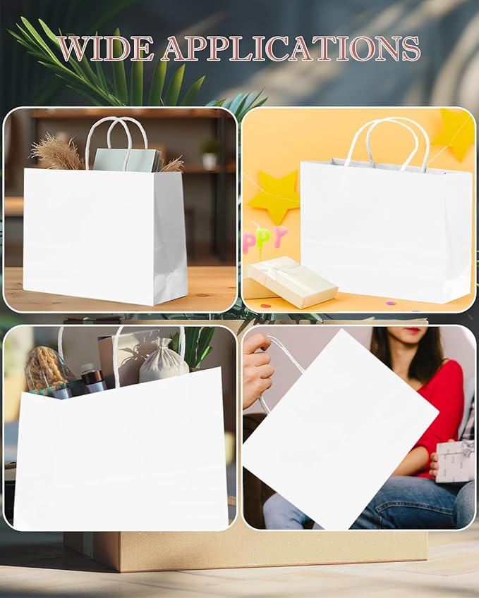 qiqee 50-Packs White Paper Gift Bags with Handles Bulk 12.6"x4.3"x10" Wide Large Size Party Favor Bags Multiple Uses