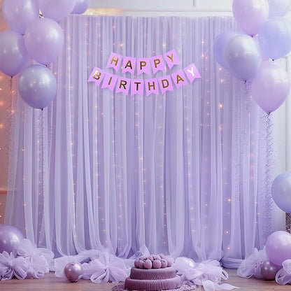 10x10ft Purple Tulle Backdrop Curtain with Lights String for Parites, Sheer Photo Backdrop Curtains with Lights for Wedding Backdrop Ceremony Reception Bridal Shower Baby Shower Birthday Party