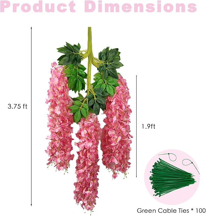 48 Pcs of Wisteria Hanging Flowers, 3.75 Feet Fake Wisteria Flower Strings, Artificial Wisteria Flowers Hanging Garland for Backdrop, Wedding, Ceremony,Garden and Home Wall Decoration (Pink)