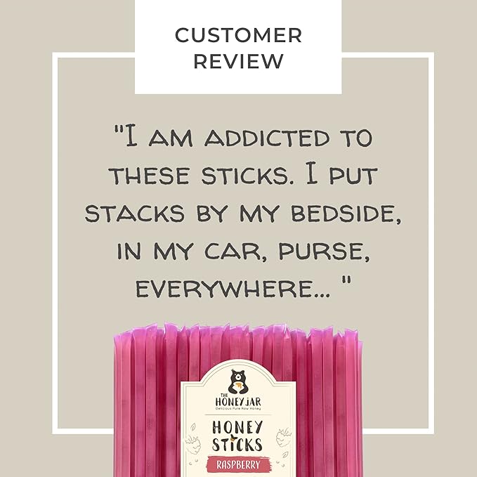 The Honey Jar Raspberry Flavored Honey Sticks - Pure Honey Straws For Tea, Coffee, or a Healthy Treat - One Teaspoon of Flavored Honey Per Stick - Made In The USA with Real Honey - (100 Count)