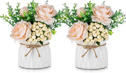 BLOSMON Table Decor Artificial Flowers Vase 7 Inch Small Fake Champagne Flower Arrangement 2pcs Floral Arrangement for Tables centerpieces Kitchen Dining Room Decorations Flower in Vase Silk Roses