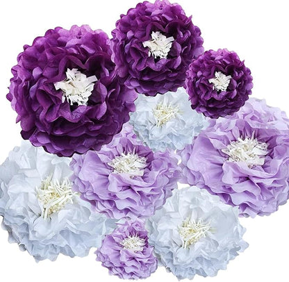 Purple Paper Flower Pom Poms Wall Decorations for Sweet Party Background, Birthday, Bachelor Party, Baby Shower, Graduations, Tea Parties