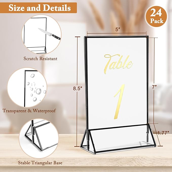Floroom 24 Pack 5x7 Inch Clear Acrylic Sign Holders, Double-Sided Black Display Stand Picture Frames for Table Numbers, Menus, Flyers, Weddings, and Offices