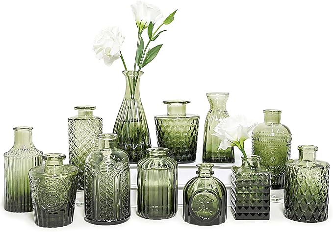 12pcs Glass Bud Vase Set, Small Green Flower Vases for Centerpieces in Bulk, Mini Vintage Vase for Wedding, Home,Table Decoration