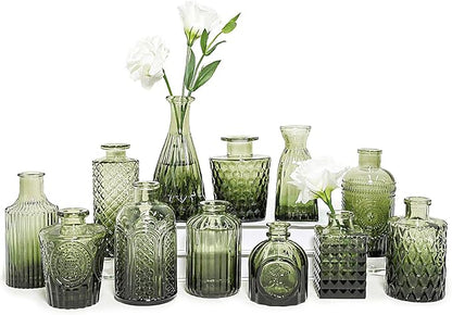 12pcs Glass Bud Vase Set, Small Green Flower Vases for Centerpieces in Bulk, Mini Vintage Vase for Wedding, Home,Table Decoration
