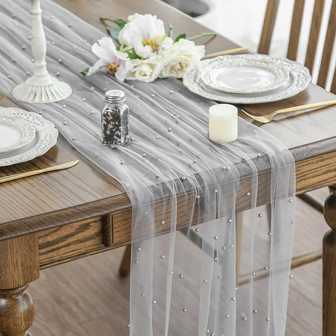 Artoid Mode Pearl Grey Gauze Table Runner 59x120 Inch , Seasonal Sheer Kitchen Dining Holiday Wedding Birthday Baby Shower Table Decor for Home Party