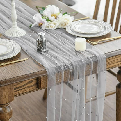 Artoid Mode Pearl Grey Gauze Table Runner 59x120 Inch , Seasonal Sheer Kitchen Dining Holiday Wedding Birthday Baby Shower Table Decor for Home Party