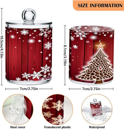 Gredecor Christmas Winter Qtip Holder Dispenser 2 Pack Christmas Tree Red Snowflakes Bathroom Decorative Storage Canister Holder Counter Vanity Organizer for Cotton Ball Swabs Pads Floss