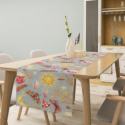 Boho Sun Moon Table Runner Mystical Rustic Butterfly Mushroom Star Table Runner for Kitchen Living Room Dinner Holiday 13x60 Inch