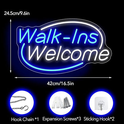 Walk-Ins Welcome Neon Sign, Neon Sign For Wall Decor, Blue + White Led Signs Usb Powered, Living Game Room Decor, For Bedroom Restaurant Bar Hotel Shop Party Birthday (16.5x9.4in)