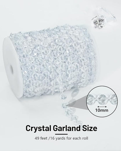 49FT Acrylic Crystal Garland, Clear Diamond-Shaped Crystal Bead Strands, DIY Crystal Beads String Roll for Wedding Decorations Party Decorations Beaded Curtain Crafting Projects