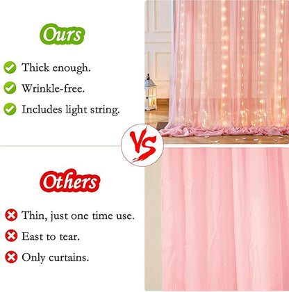 Wish Care 10ft x 10ft Baby Pink Chiffon Backdrop Curtain with Lights String for Parites Wedding Wrinkle Free Curtain Photo Backdrops Drapes for Baby Shower Birthday Party Home Decorations