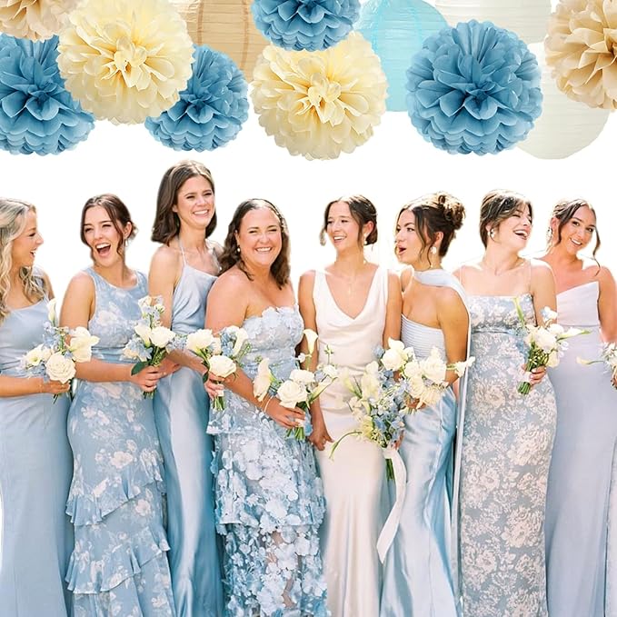 Dusty-Blue Champagne Party-Decorations Paper-Flowers Lanterns - 15pc Boho Beige Gold Tissue Pom Poms Streamers,Birthday Bachelorette Bridal Baby Shower Engagement Wedding Graduations Decor Panduola