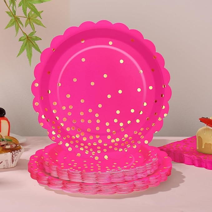 175Pcs Pink Party Supplies, Hot Pink Paper Plates and Napkins Include Scalloped Plates Napkins Cups Plastic Cutlery Set for Bridal Shower Girl Birthday