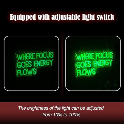 Where Focus Goes Energy Flows Neon Sign 16.5 * 9.1In Dimmale Green Light Up Sign for Wall Decor Led Words Neon Light for Bedroom Party Bar Personzalized Gift (USB Powered)