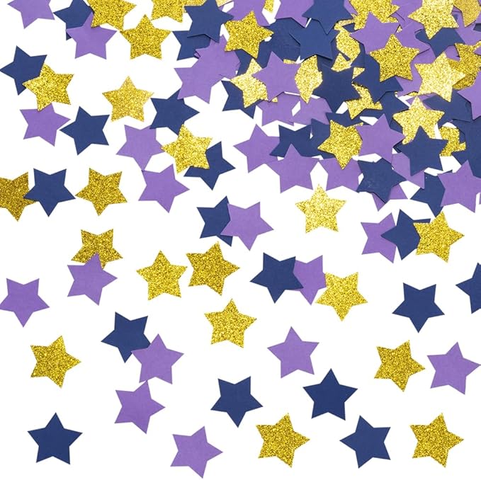 Purple Blue and Gold Star Confetti Table Decoration for Graduation Eid Ramadan Birthday Retirement Party,1.2 inch in Diameter,200 Counts