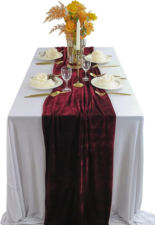 Table Runner 20 x 120 Inches Long Burgundy Wedding Table Runners, Velvet Table Runner for Home Holiday Party Table Decorations 10ft