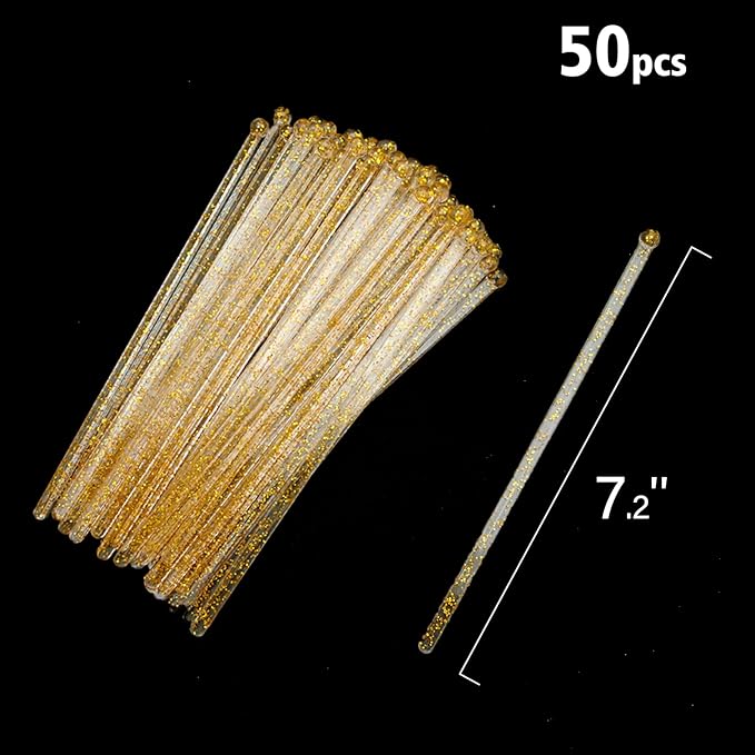 50-PCS Gold Glitter Plastic Swizzle Sticks, Crystal Cake Pops, Cocktail Coffee Drink Stirrers, Lolipop Stick for Christmas Party, 7.24 Inch