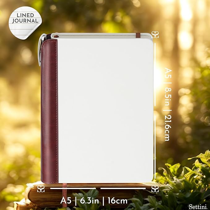 SETTINI® Lined Journal - Modern White Journal for Writing Gift Set - Hardcover Vegan Leather, Includes Luxury Pen in a Unique Pen Holder, 192 Pages, 6 x 8.5 inches, Birthday Gift