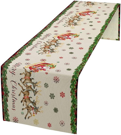 Christmas Table Runner,Xmas Deer Cute Santa Claus Red Plaid Pattern Printed Tablecloth Burlap for Hotel Indoors Outdoor Dining Room Kitchen Home Decor,W13X L90 in