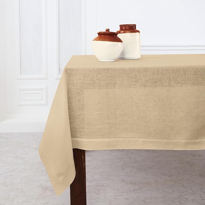 Solino Home Linen Square Tablecloth 52 x 52 Inch - 100% Pure Linen Beige Table Throw - Classic Hemstitch, Machine Washable Table Cloth for Fall, Autumn, Thanksgiving