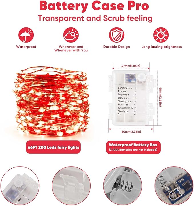 1 Pack 65.6 Ft. Battery Operated Outdoor String Lights with Remote & Timer, LED Red Fairy Lights, Waterproof Twinkle Lights for Bedroom, Dorm, Mason Jar, Wedding, Party, Christmas