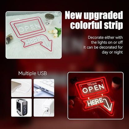 Ineonlife We Are Open Here Neon Sign Dimmable Neon Signs For Wall Decor Led Lights For Bar Man Cave Club Store Hotel Restaurant Coffee Shop Business Decor Gifts USB Powered 12.6x15.35in