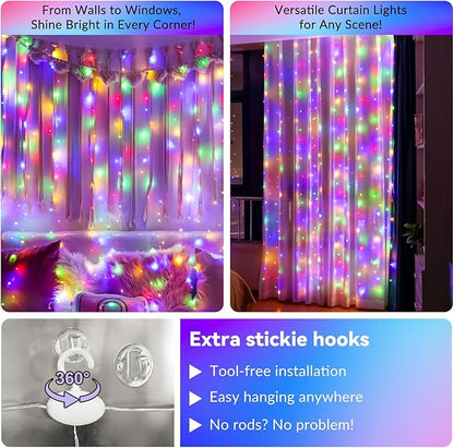 HXWEIYE 300LED Fairy Curtain Lights, 9.8x9.8Ft USB Plug-in 8 Modes Christmas String Hanging Lights with Remote for Bedroom Backdrop Wedding Party Indoor Wall Decor, Multicolor