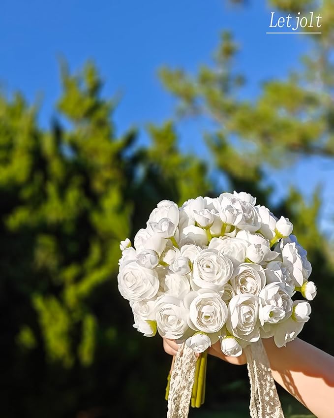 Letjolt Ranunculus Artificial Flower White Silk Flowers Faux DIY Bouquet for Wedding Engagement Centerpieces Arrangements Bridal Shower Decorations Home Decor 18pcs