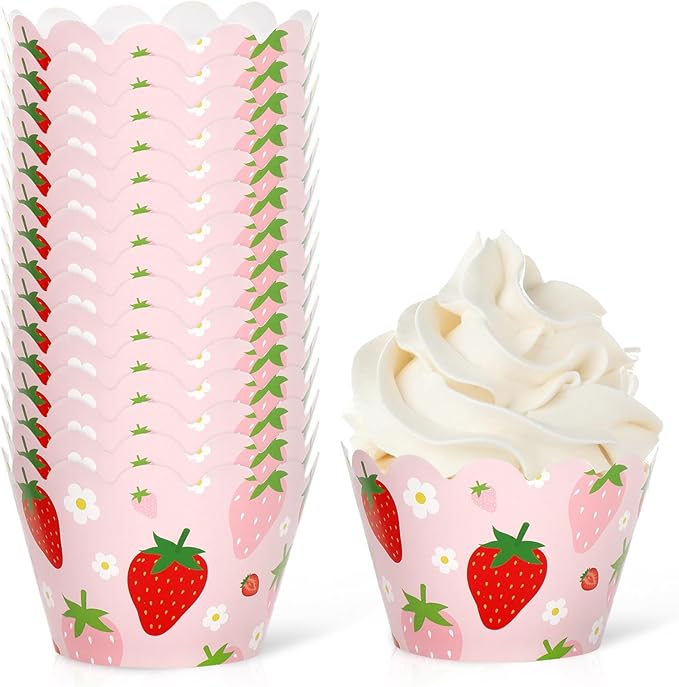 Whaline 36Pcs Strawberry Cupcake Wrappers Red Pink Strawberry Flower Cupcake Liners Decorative Cupcake Holders for Birthday Baby Shower Party Cake Decoration