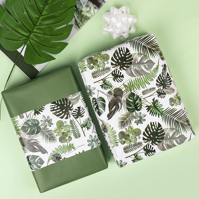 WRAPAHOLIC Reversible Tropical Wrapping Paper - Mini Roll - 17 Inch X 33 Feet - Green Monstera Leaf Hawaii Wrapping Paper for Birthday, Wedding, Bridal Shower, Baby Shower