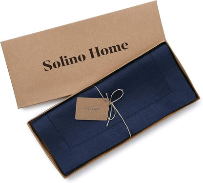 Solino Home Linen Navy Blue Table Runner 144 Inches Long - 100% Pure Linen Extra Long Table Runner 14 x 144 Inch for Fall, Autumn, Thanksgiving, Christmas - Classic Hemstitch