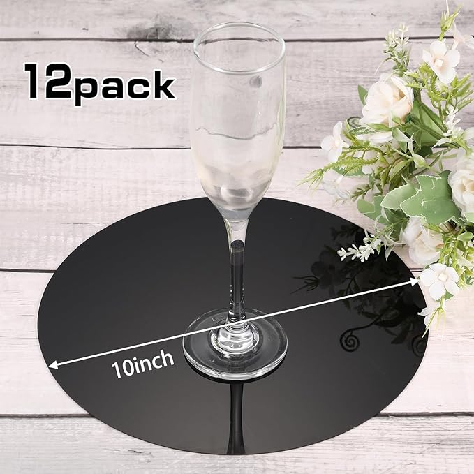 Thyle 12 Pcs 10 Inch Acrylic Round Mirrors for Tables Centerpieces Circle Mirrors Candle Plates for Wall Wedding Table Centerpieces for Baby Shower Party, Thickness 1 mm (Black)