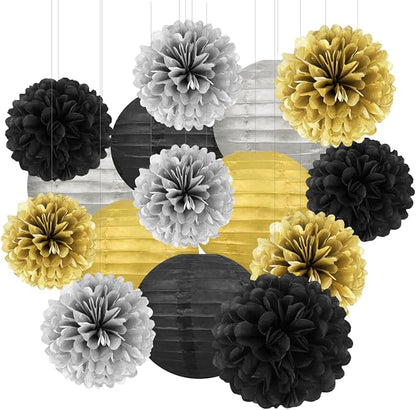 Black Silver Gold Party Decorations - 15Pcs Paper Flowers Tissue Pom Poms Paper Lanterns Graduation Hanging Decor Retirement Decoration 50th 80th 90th Men Birthday Anniversary HongTongTong