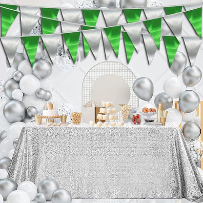 20M/65FT Green Silver Triangle Pennant Banner Flag Metallic Fabric Bunting Garland for Christmas Graduation Wedding Engagement Anniversary Bachelorette Birthday Bridal Shower Hen Party Supplies