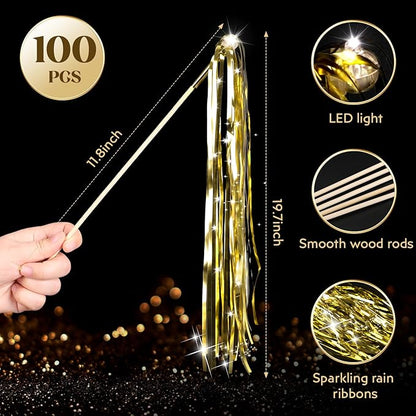 100 pcs Wedding Wands Light up with LED Tinsel Wedding Streamers for Wedding Send off and Greeting Ideal Props for Weddings, Birthday Parties, Christmas Cheerleading Games (Gold)