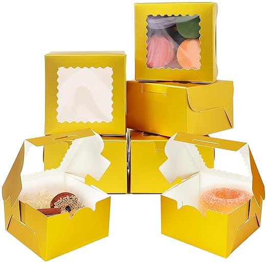 Bakepacker 60pcs Gold Bakery Boxes with Window 4x4x2.5 inches Thick & Sturdy Macaroon Pastry & Cookie Boxes