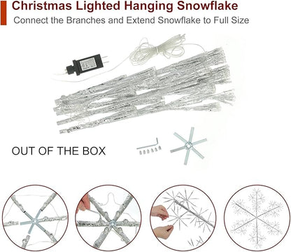 30’’ Christmas Snowflake Lights Outdoor, Pre-lit 240Pcs Cool White LEDs Hanging Silver Snowflake Decoration for Home Indoor Outdoor Window Silhouette
