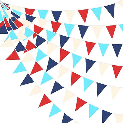 32Ft Red Blue White Nautical Pennant Banner Fabric Triangle Flag Bunting Garland Streamer for Nautical Theme Birthday Ahoy Achor Pirate Baby Shower Wedding Party Home Outdoor Garden Hanging Decoration