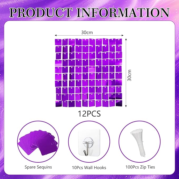 12PCS Purple Shimmer Wall Backdrop, Square Sequin Photo Backdrops Panel, Glitter Wall Background for Birthdays, Weddings, Halloween, Engagements, Disco Bachelorette Party Decoration (3FTx4FT)