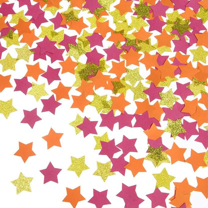 Hot Pink Orange and Gold Star Confetti Table Decoration for Baby Shower Birthday Wedding Graduation Fall Autumn Groovy Theme Party,1.2 inch in Diameter,200 Counts