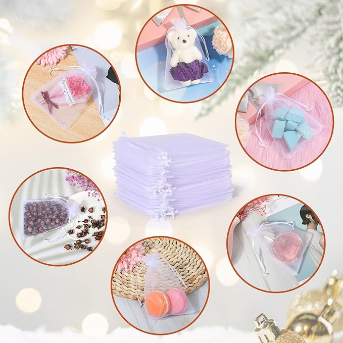 Hopttreely White Sheer Organza Bags, 4x6 inch 50PCS Mesh Bags Drawstring Gift Bags Jewelry Pouches for Candy Wedding Favors, Jewelry, Festival, Makeup