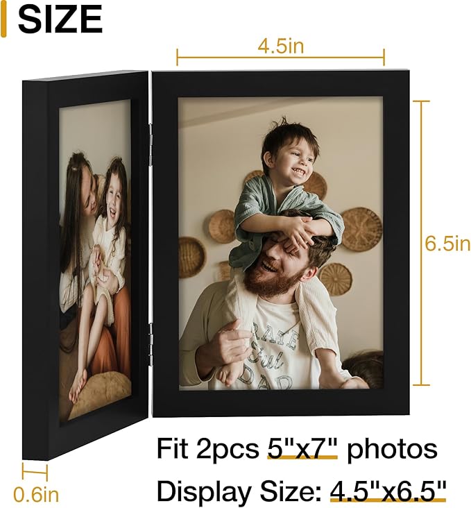 decorUhome Double 5x7 Picture Frame Vertical, Engineered Wood Bifold Photo Frame with Plexiglass for Tabletop Display, 5x7, Black