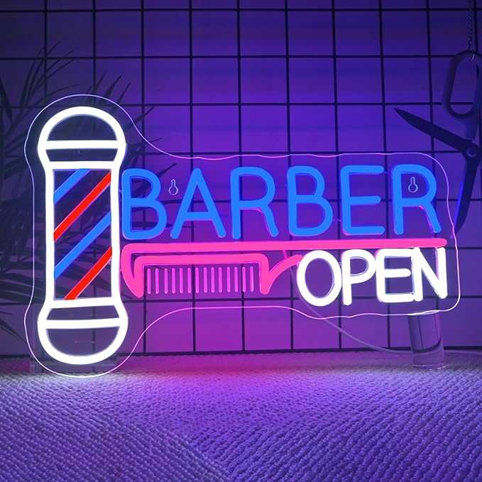 Ineonlife Barber Open Neon Sign Accessories Light Up for Wall Decor Modern Led Sign for barbershop Small Acrylic Art Decor for hair salon make up shop Decorations 15.74x14.17 inch USB POWER